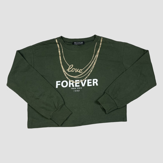 Grünes Sweatshirt mit goldfarbener Ketten-Grafik und FOREVER-Print, Größe 140-146 – front