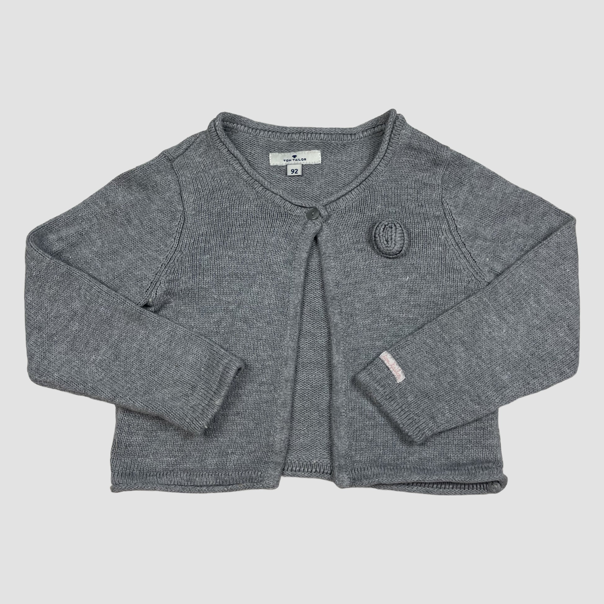 Graue Strickjacke von Tom Tailor, Größe 92, mit Rosetten-Detail und Ein-Knopf-Verschluss – front