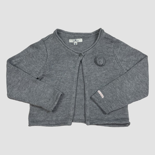 Graue Strickjacke von Tom Tailor, Größe 92, mit Rosetten-Detail und Ein-Knopf-Verschluss – front