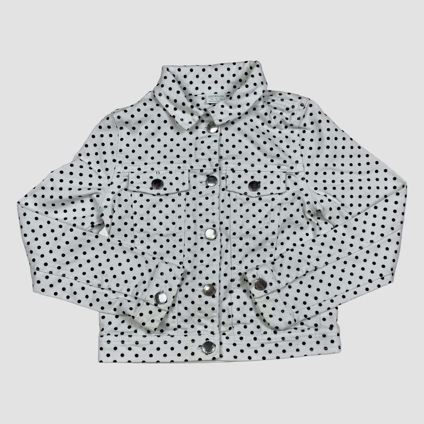 Weiße Kinder-Jeansjacke mit schwarzen Punkten und Druckknöpfen – front