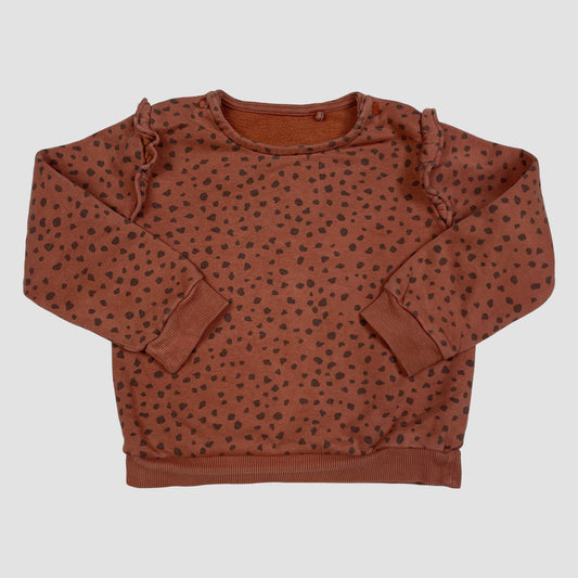 Rostbrauner Kinderpullover mit schwarzen Punkten und Rüschen, Größe 12–18 Monate