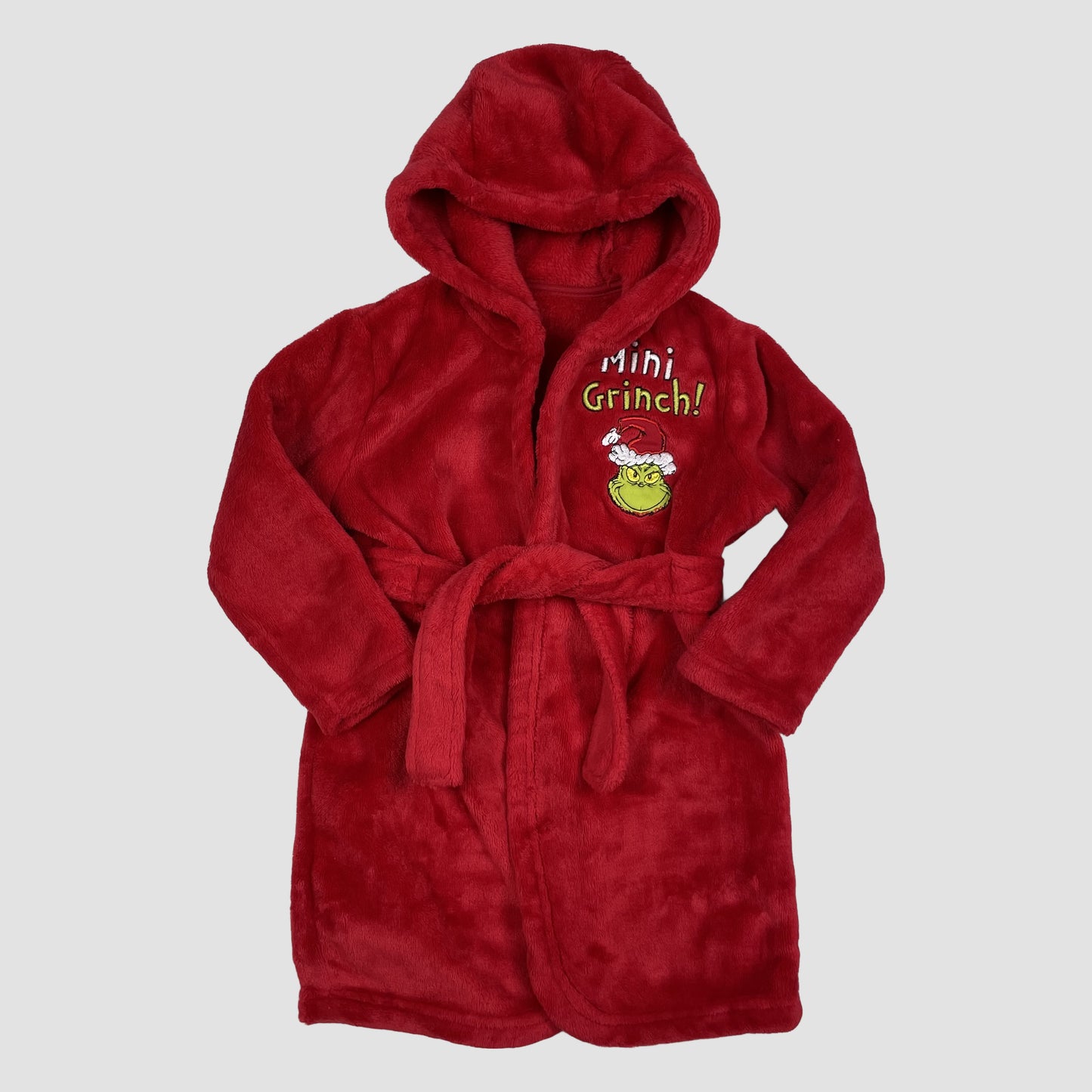 Roter Kinder-Bademantel mit Grinch-Stickerei, Kapuze und Gürtel, Größe 12–18 Monate