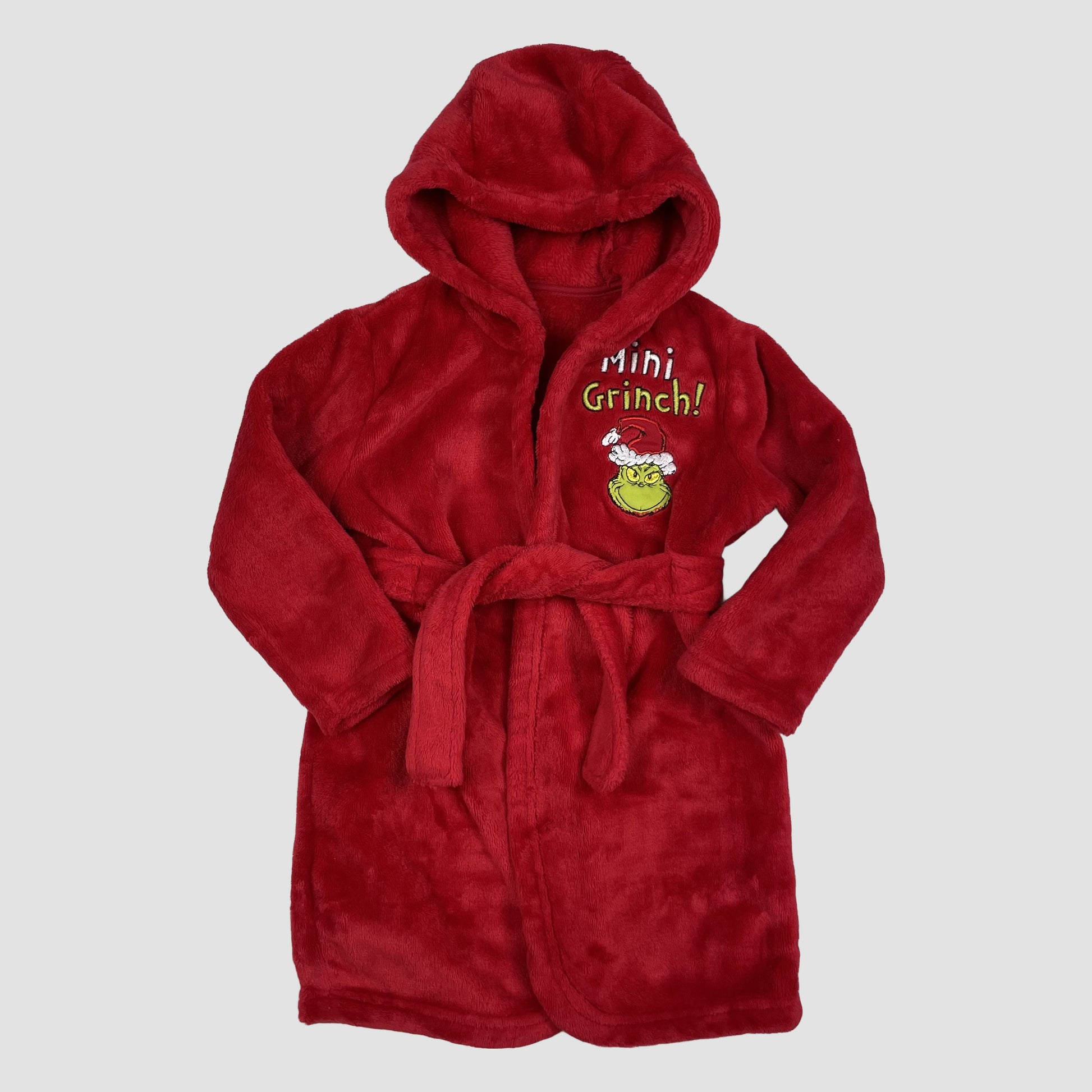 Roter Kinder-Bademantel mit Grinch-Stickerei, Kapuze und Gürtel, Größe 12–18 Monate