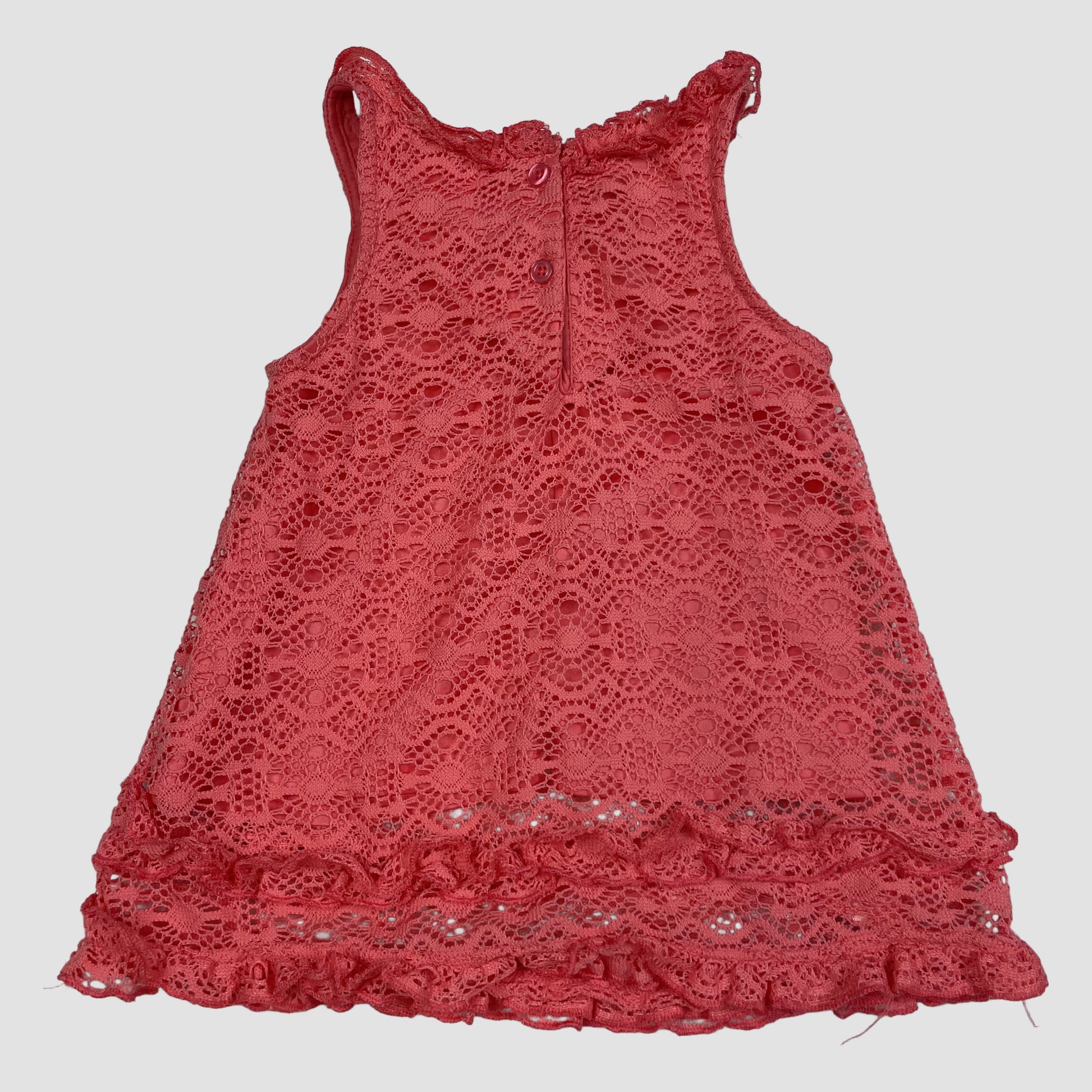 Korallenrosa Spitzenkleid für Kleinkinder, ärmellos, mit Satin-Schleife und Rüschen 4