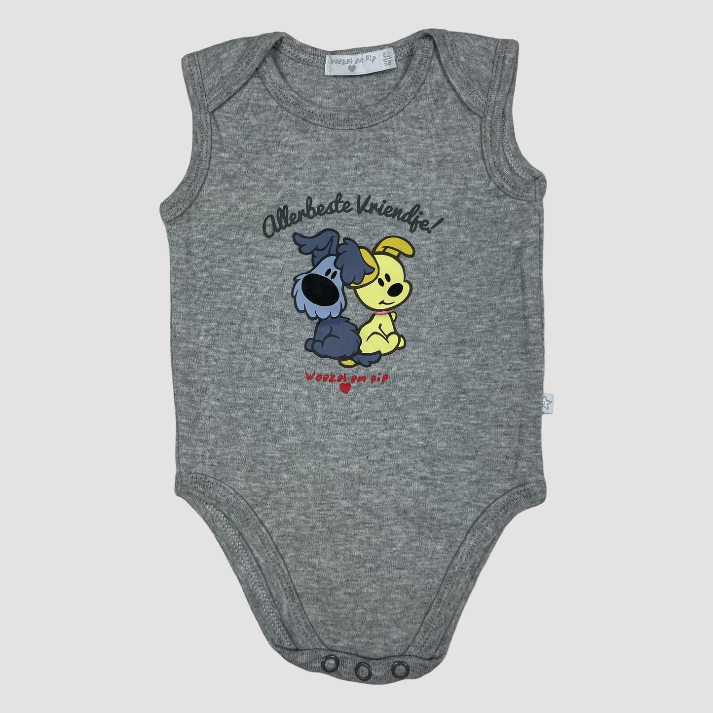 Grauer ärmelloser Baby-Body mit Hundemotiv, Größe 62/68 – front