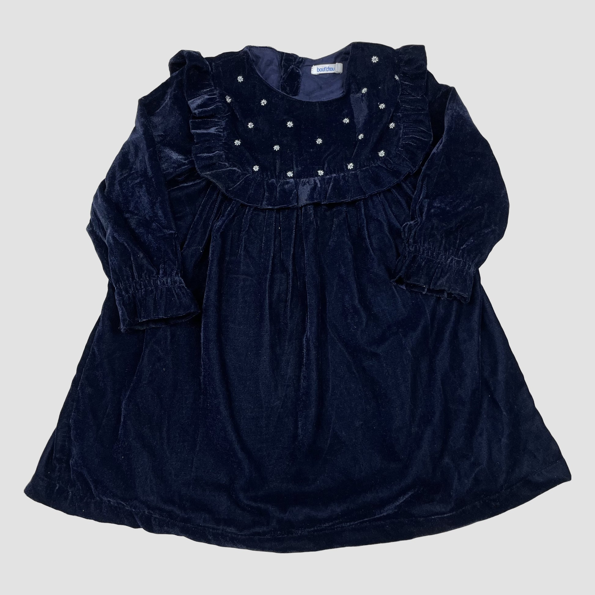 Dunkelblaues Samtkleid mit Rüschen und Blütenstickerei, langarm, Größe 18 Monate