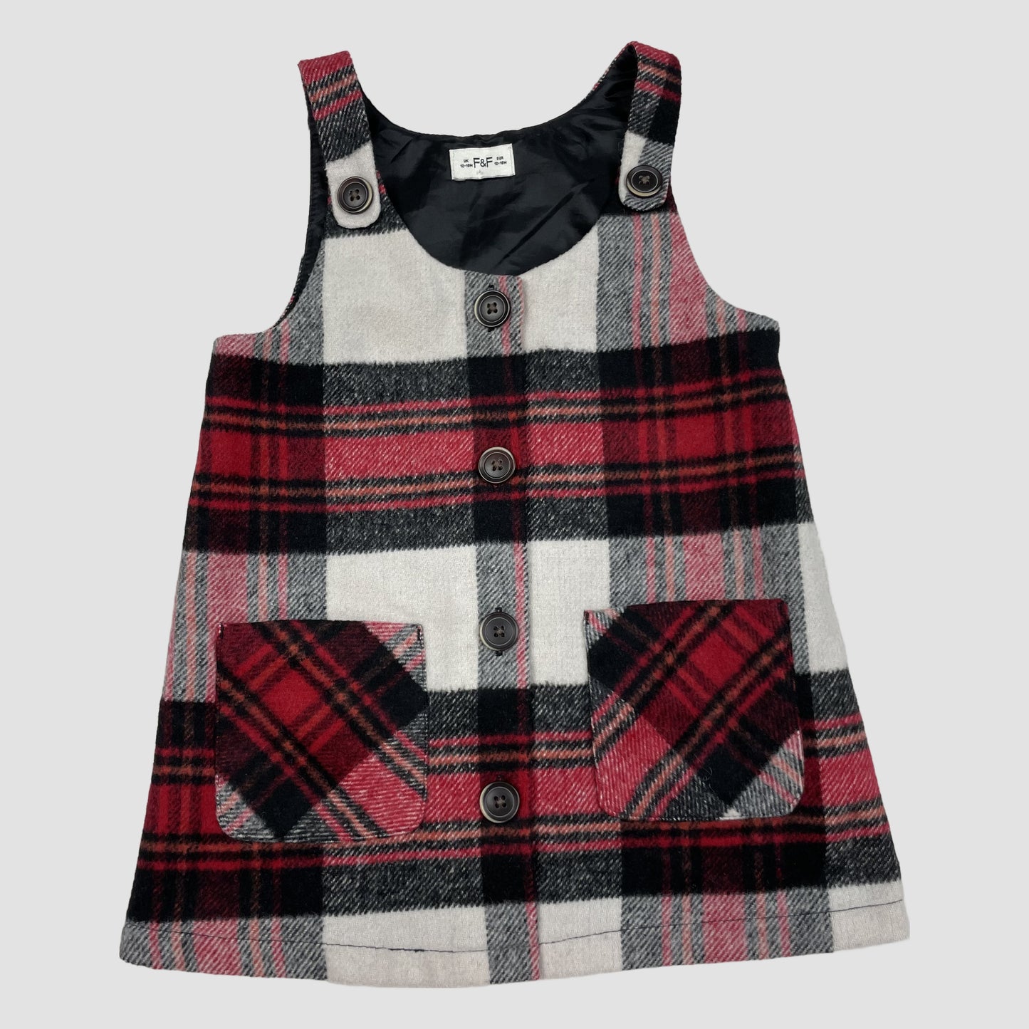 Kariertes Trägerkleid in Rot, Schwarz und Weiß mit Knopfleiste und Taschen von F&F, Größe 12–18 Monate.