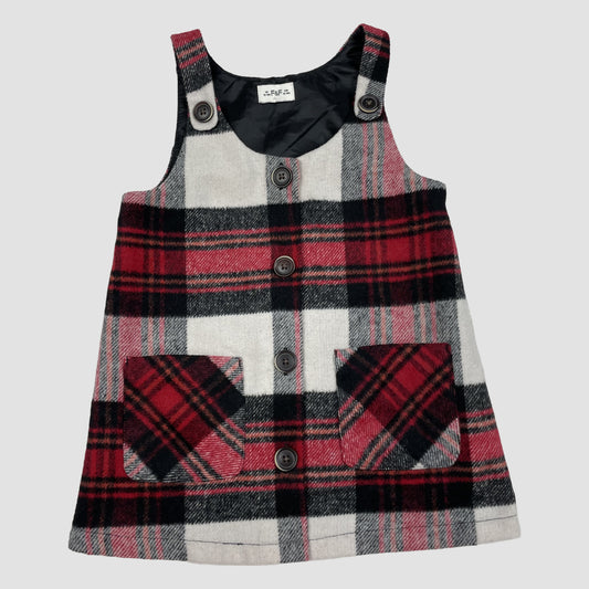 Kariertes Trägerkleid in Rot, Schwarz und Weiß mit Knopfleiste und Taschen von F&F, Größe 12–18 Monate.