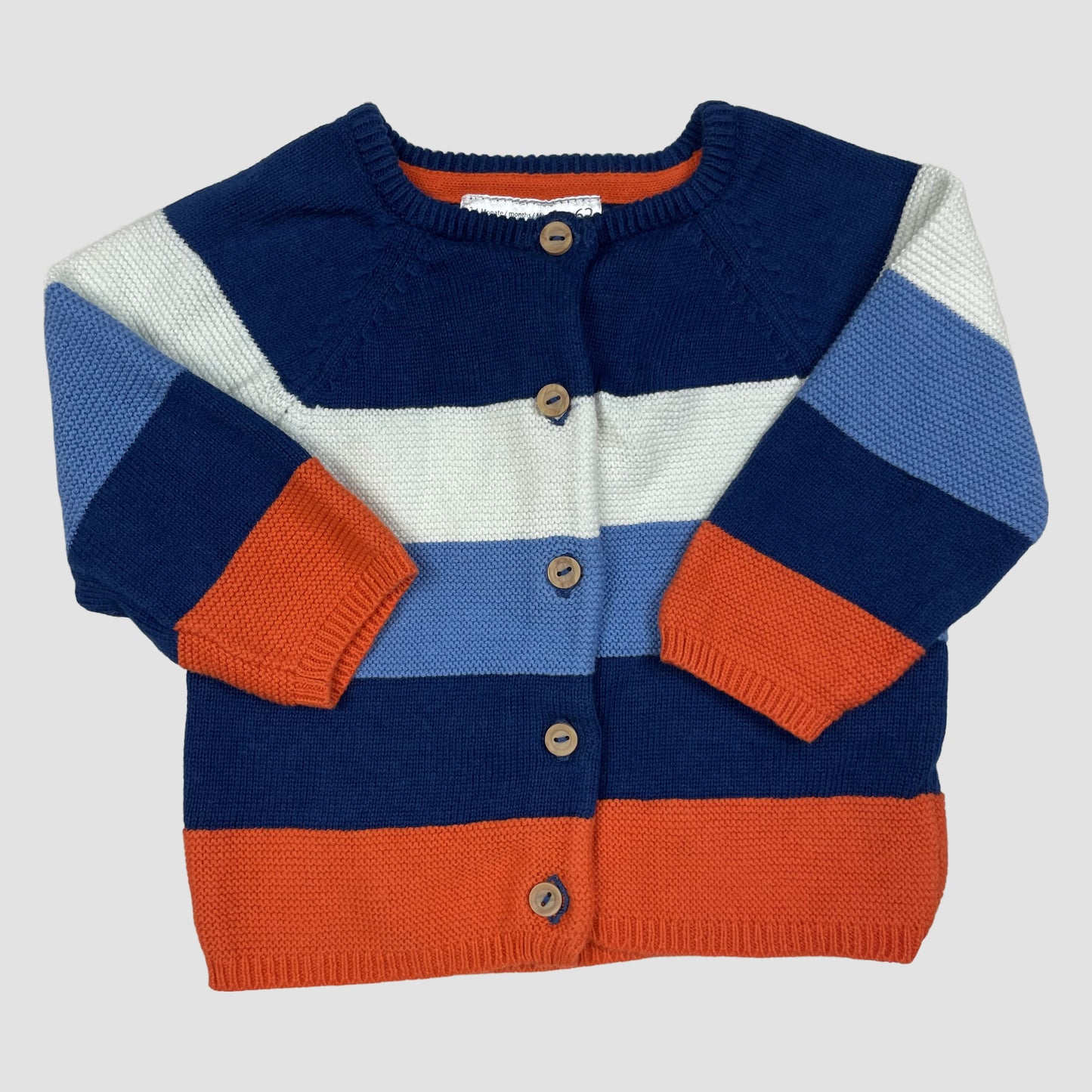 Gestreifte Baby-Strickjacke in Blau, Weiß und Orange mit Knopfleiste, Größe 62