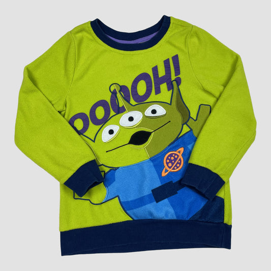 Grüner Kinderpullover mit Toy-Story-Alien-Print und dunkelblauen Bündchen, Größe ca. 116. – front