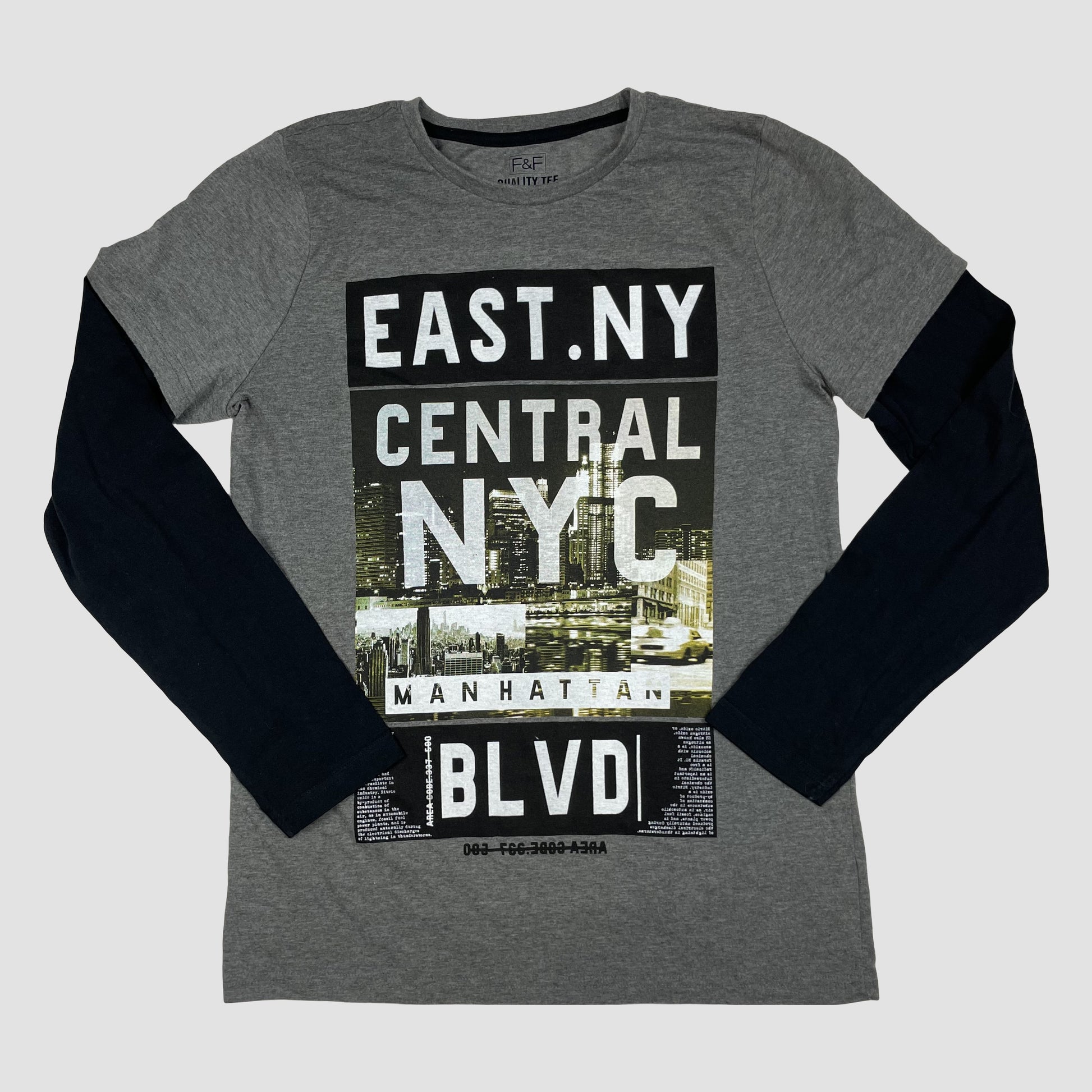 Graues Langarmshirt mit NYC-Print und dunkelblauen Ärmeln, Größe 164