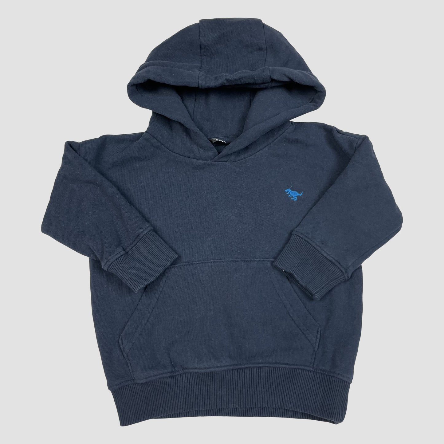 Dunkelblauer Hoodie für Kleinkinder mit Dino-Stickerei und Kängurutasche, Größe 92 – front