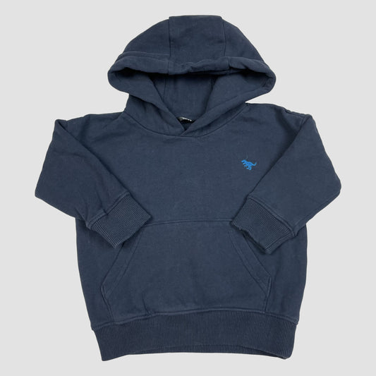 Dunkelblauer Hoodie für Kleinkinder mit Dino-Stickerei und Kängurutasche, Größe 92 – front