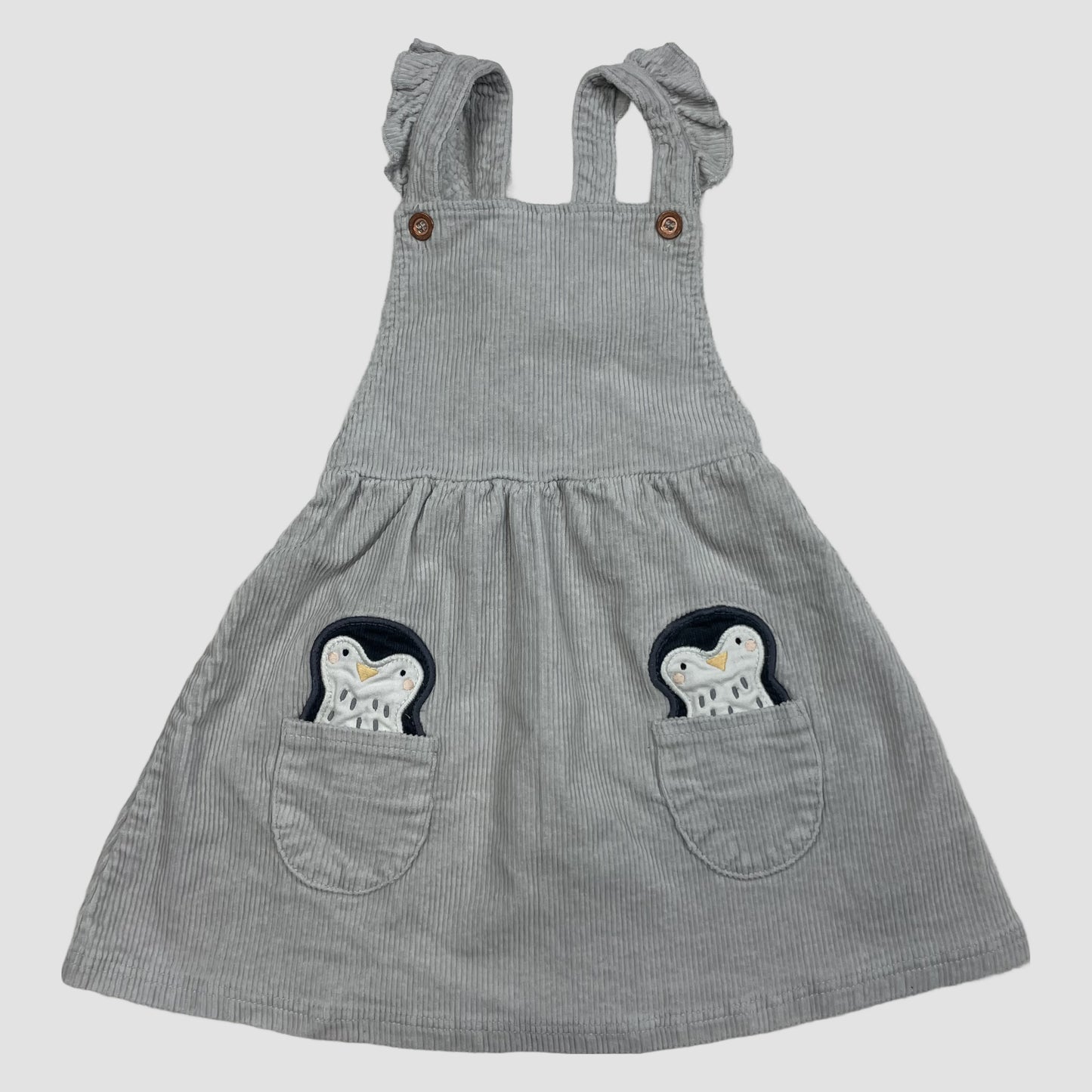 Graues Cord-Trägerkleid mit Pinguin-Taschen, Größe 3–4 Jahre