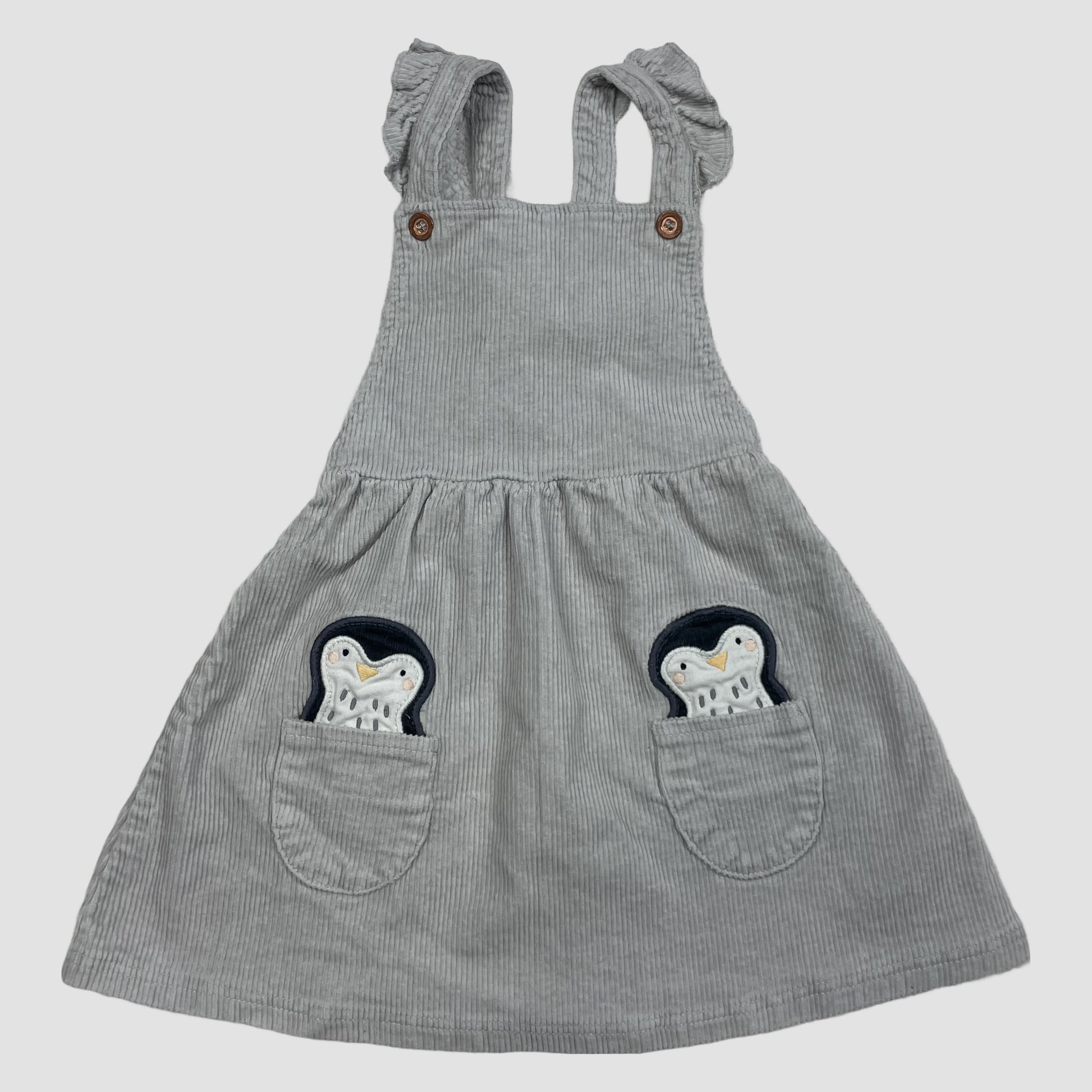 Graues Cord-Trägerkleid mit Pinguin-Taschen, Größe 3–4 Jahre