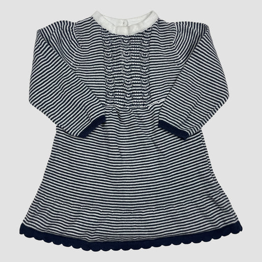Gestreiftes dunkelblau-weißes Strickkleid für Babys, lange Ärmel, Smockdetail, Größe 86 – front