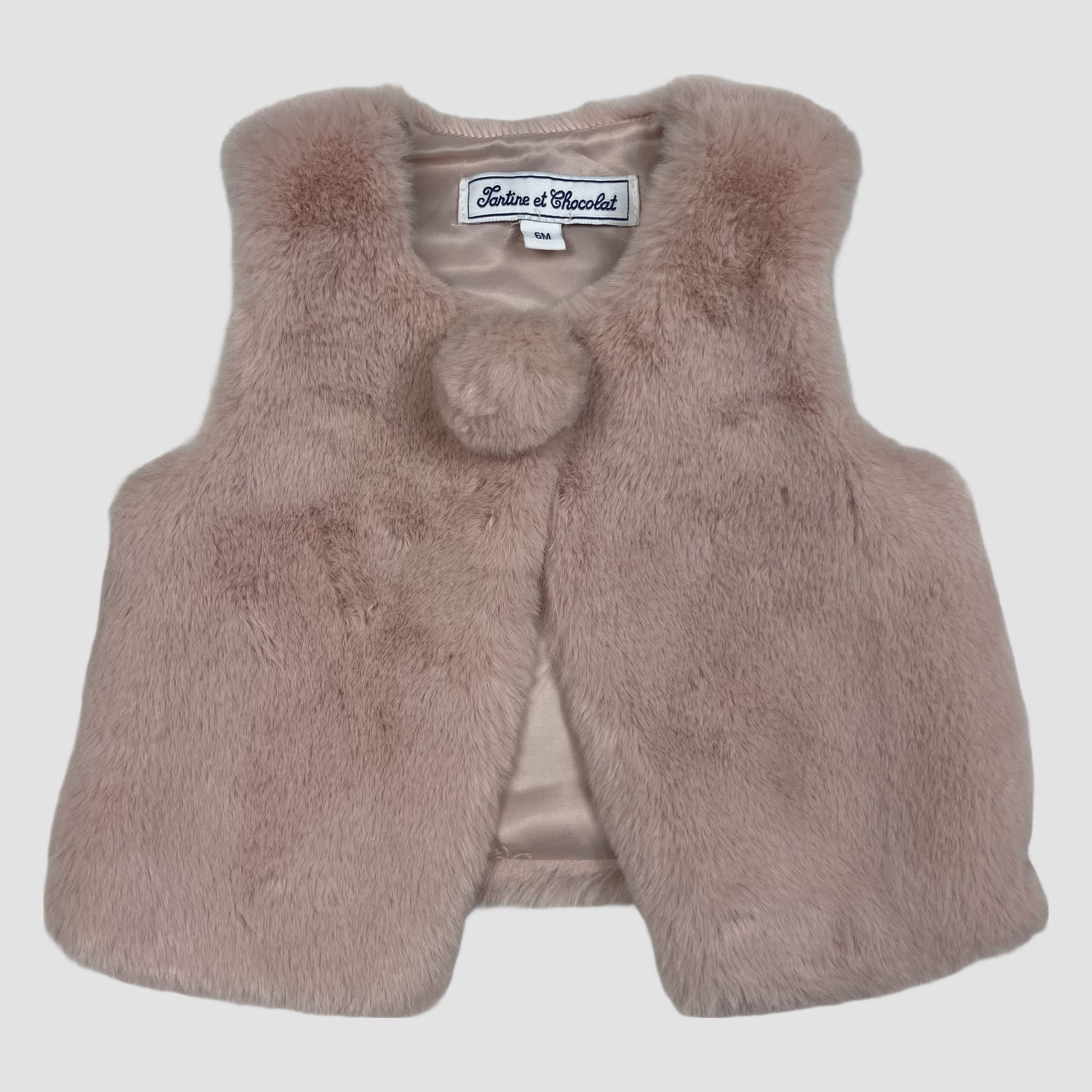 Rosa Kunstfell-Weste für Babys mit Pompon-Detail, Größe 6M – front