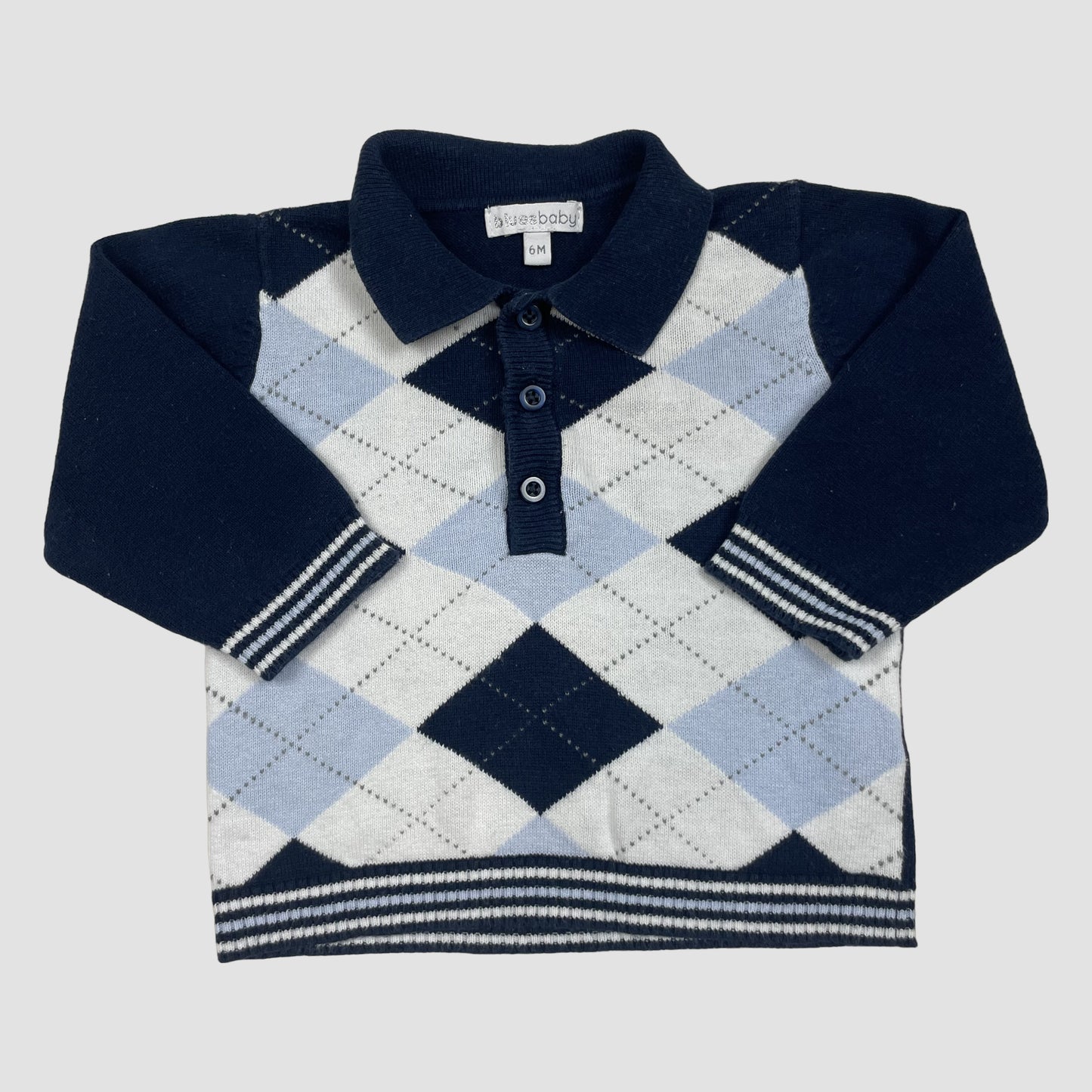 Blauer Argyle-Strickpullover mit Polokragen und Knopfleiste, Größe 6M