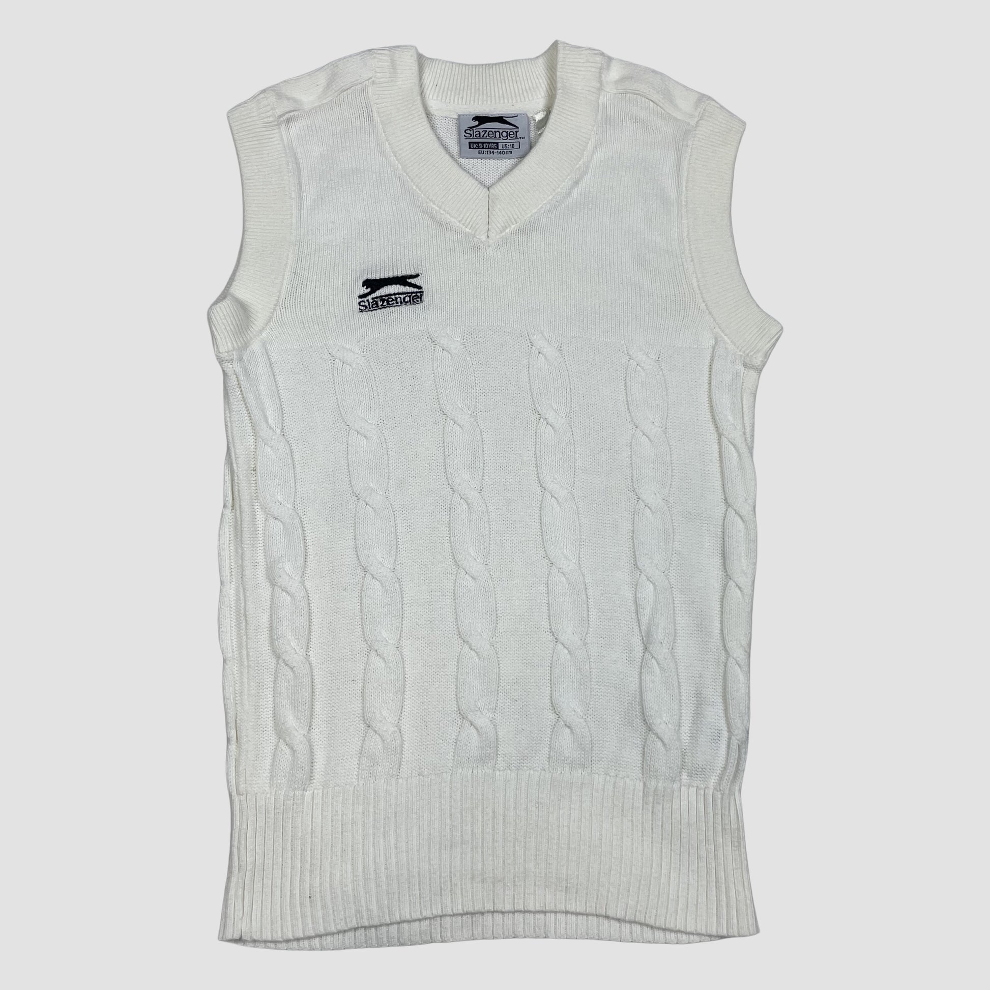 Weiße Kinder-Strickweste aus Baumwolle mit Zopfmuster, Größe 134–140