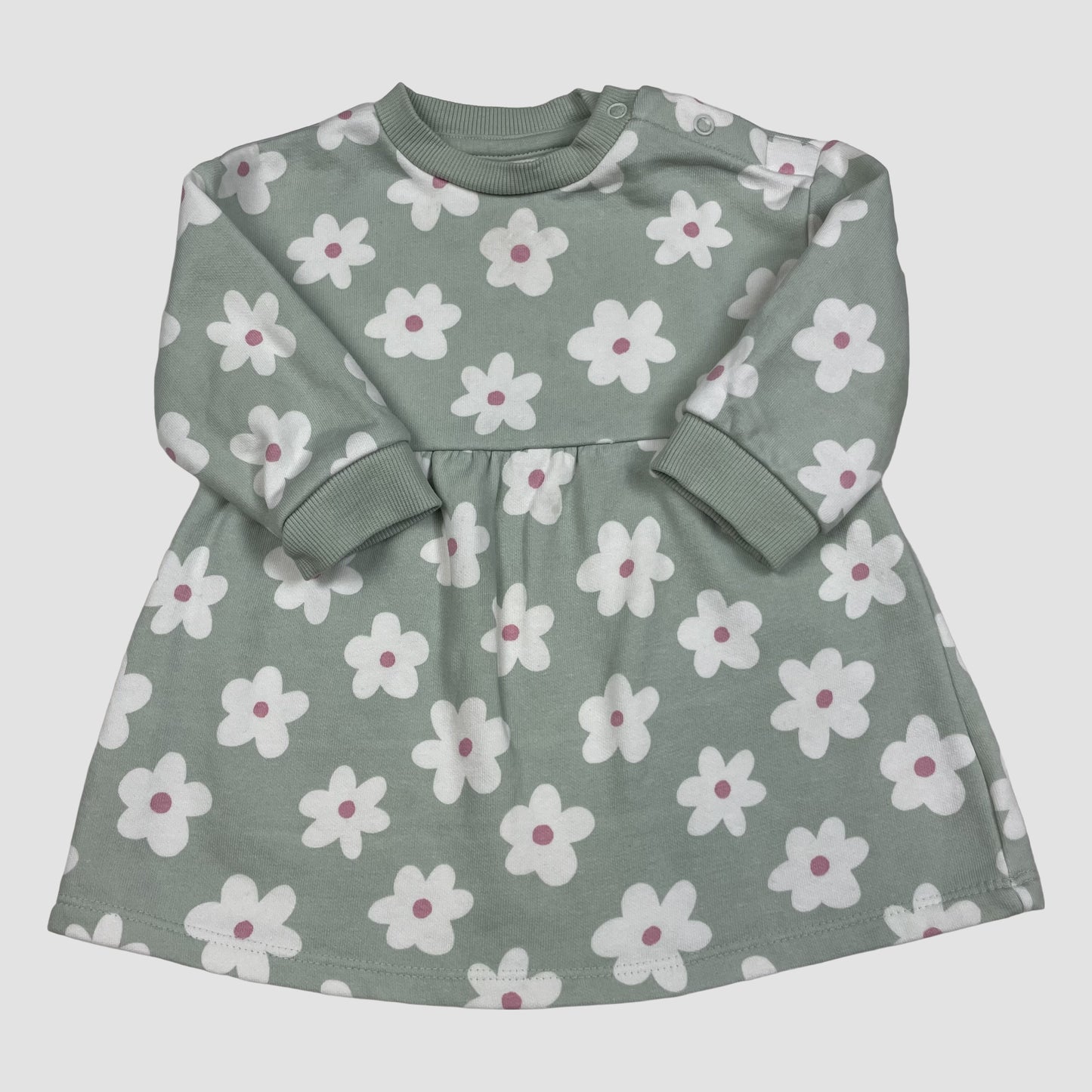 Grünes Baby-Jersey-Kleid mit weißen Blumen, Größe 3–6 Monate