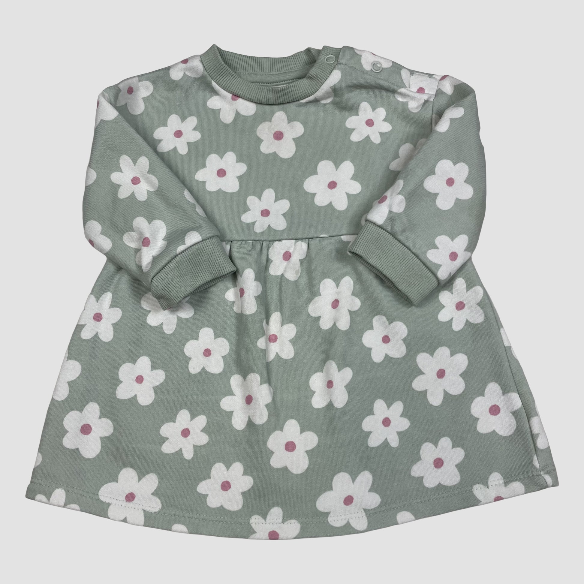 Grünes Baby-Jersey-Kleid mit weißen Blumen, Größe 3–6 Monate