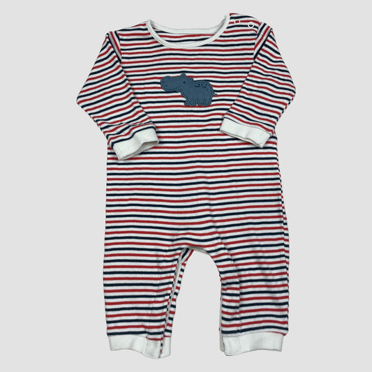 Gestreifter Baby-Overall in Rot, Blau und Weiß mit Nilpferd-Applikation