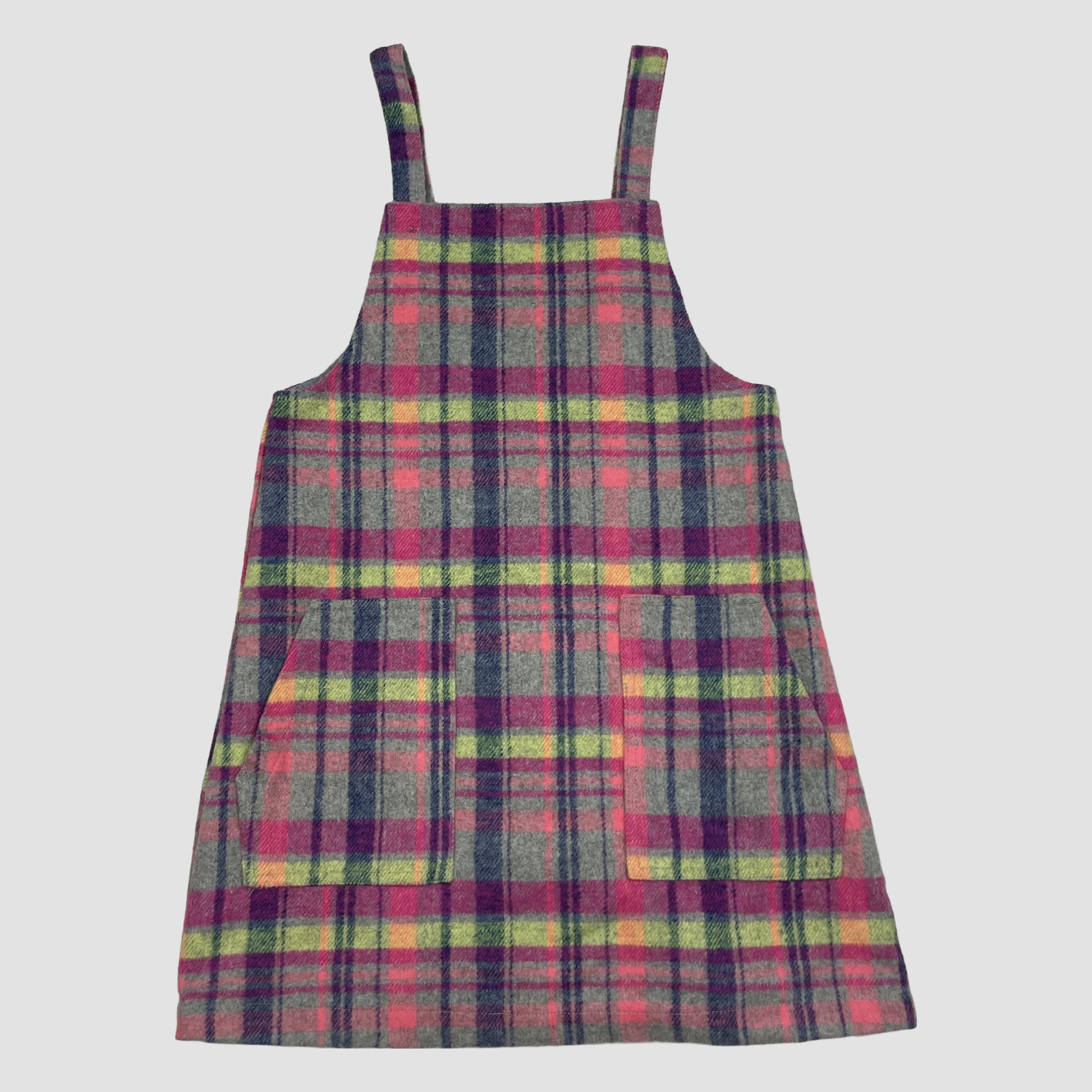 Kariertes Latzkleid für Mädchen in Grau, Pink und Grün mit Taschen, Größe 8 Jahre – front