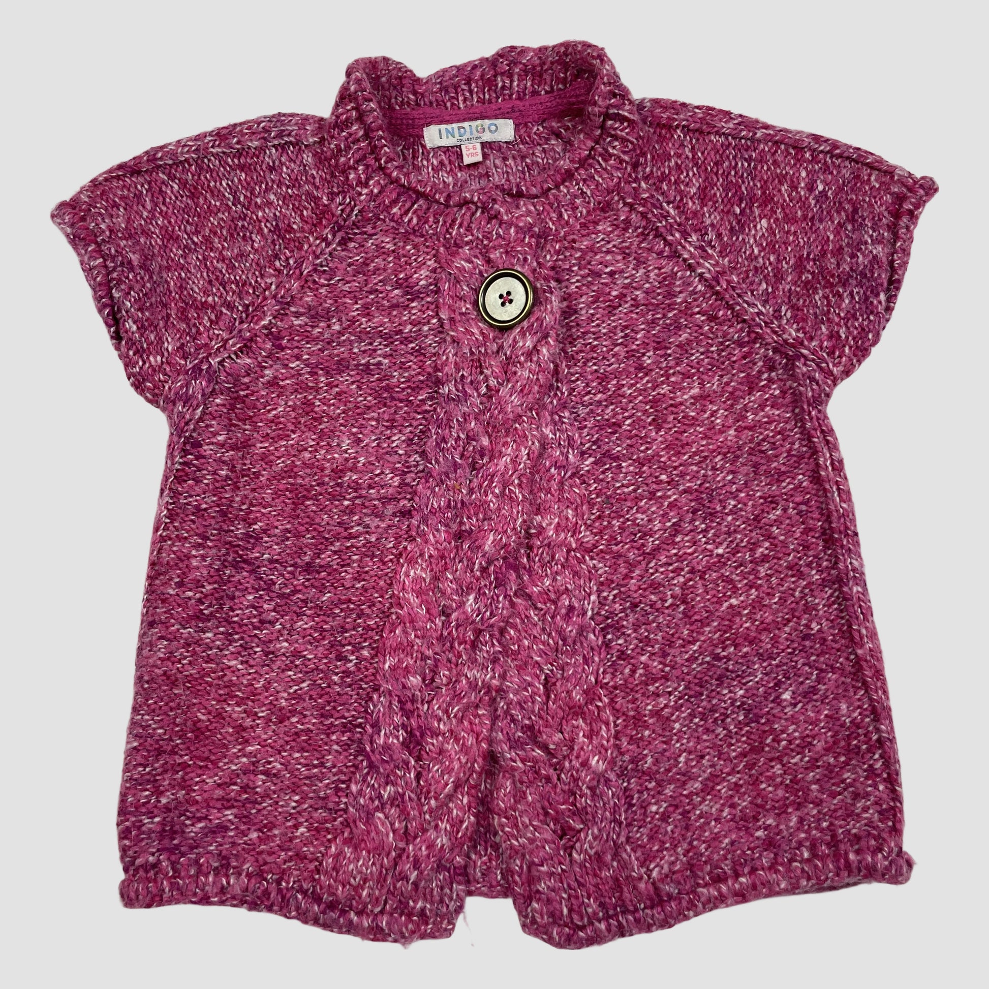 Pink melierte Kinder-Strickjacke kurzarm mit Knopf, Größe 5–6 Jahre – front