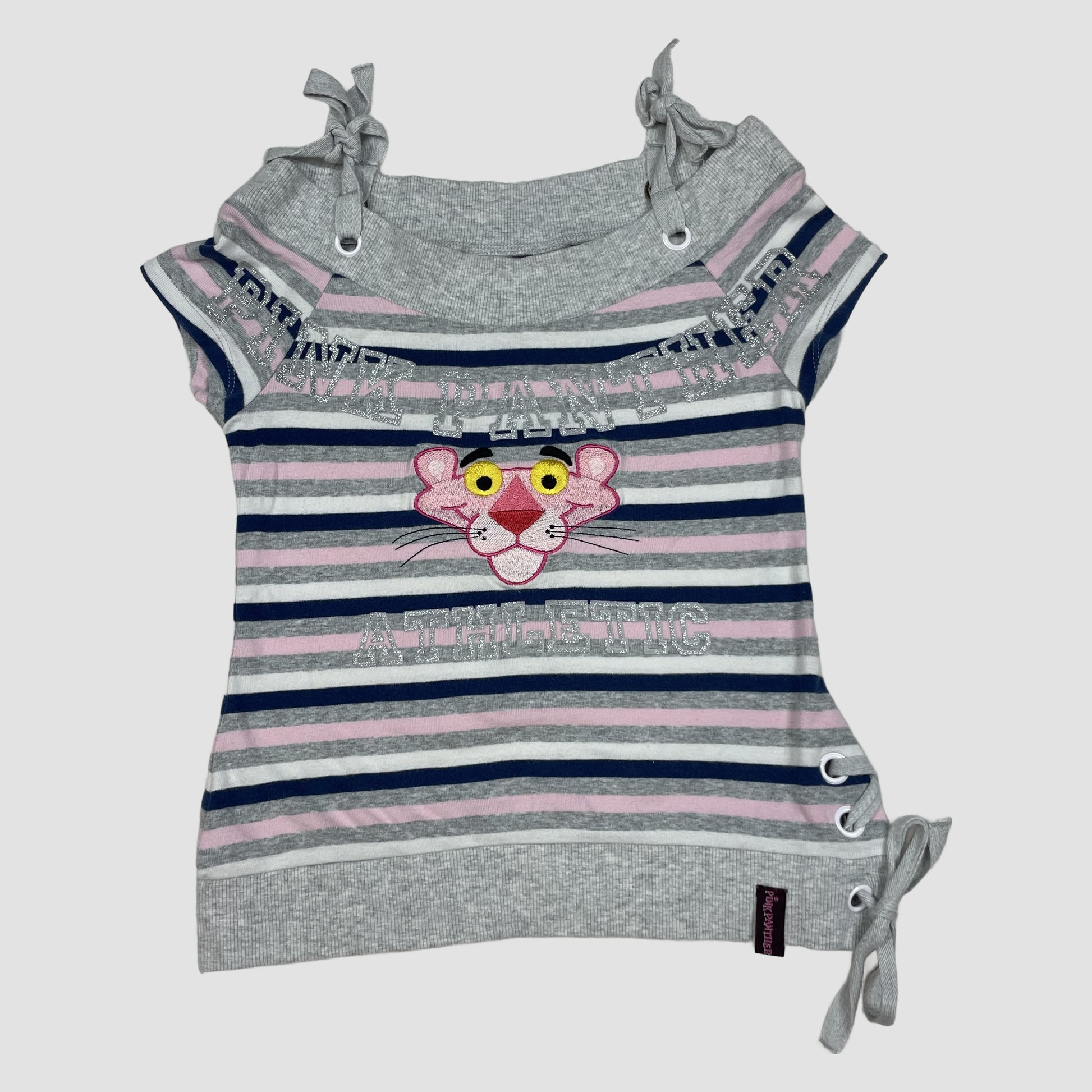Gestreiftes Kinder-T-Shirt mit Panther-Motiv in Grau, Rosa und Blau, Größe 6 Jahre – front