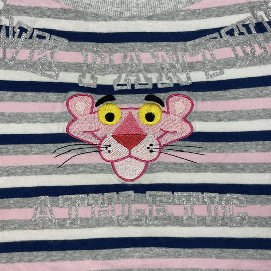 Gestreiftes Kinder-T-Shirt mit Panther-Motiv in Grau, Rosa und Blau, Größe 6 Jahre – close‑up