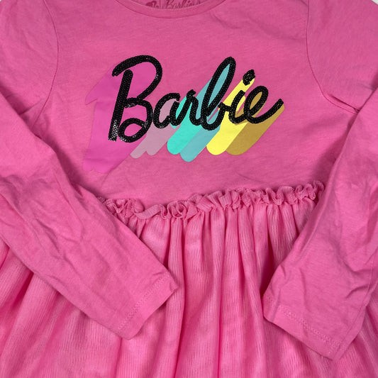 Rosa Langarmkleid mit Mesh-Rock und Barbie-Frontprint, Größe 5–6 Jahre – detail