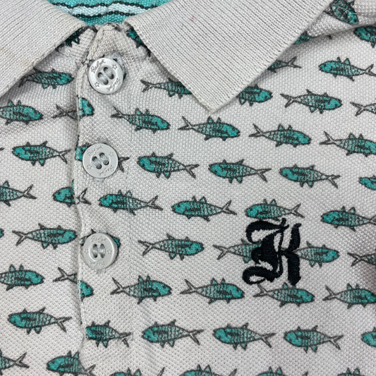 Graues Baby-Poloshirt mit Haifischmuster, kurze Ärmel, Größe 9–12 Monate – detail