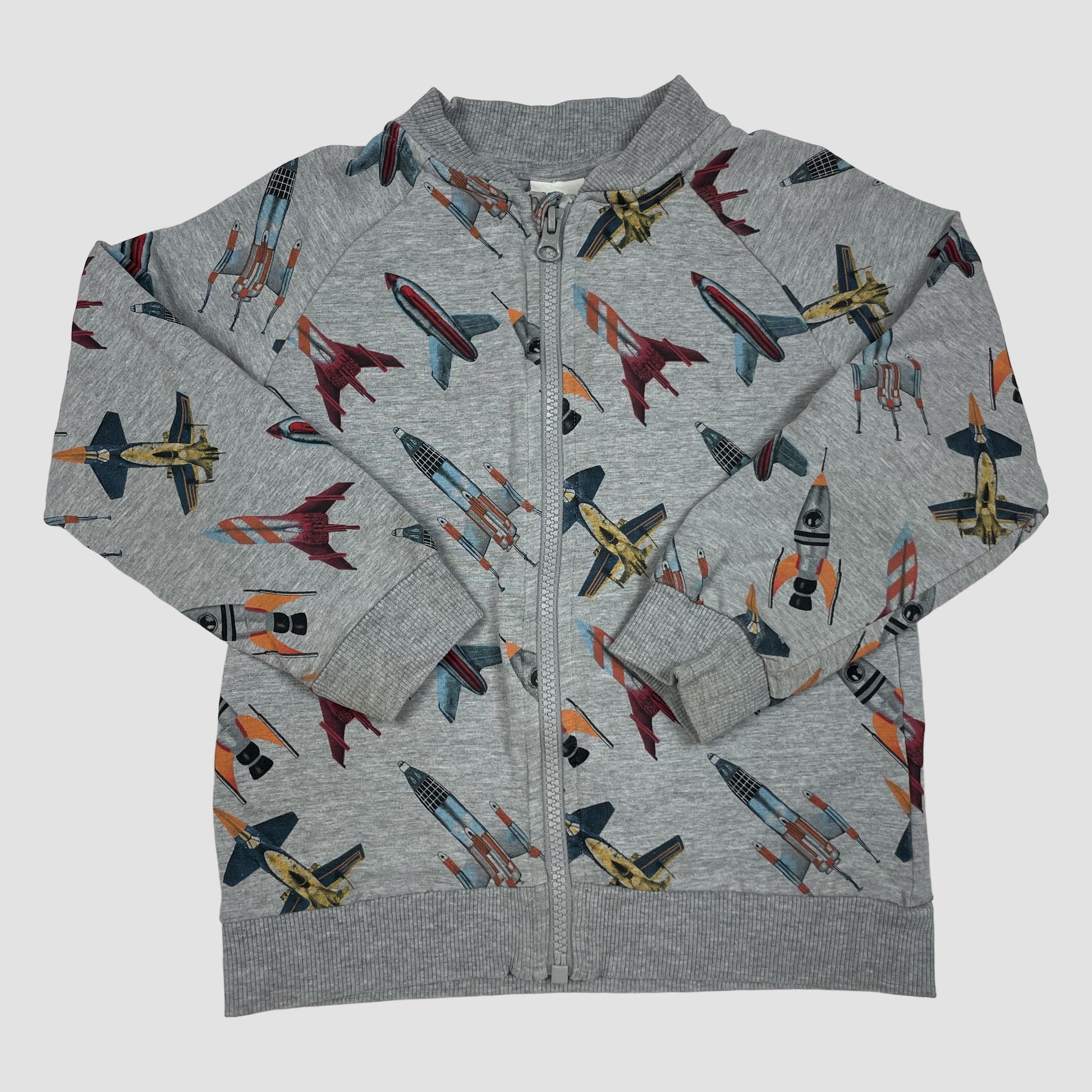 Graue Sweatjacke mit Raketenprint, Größe 110 – front