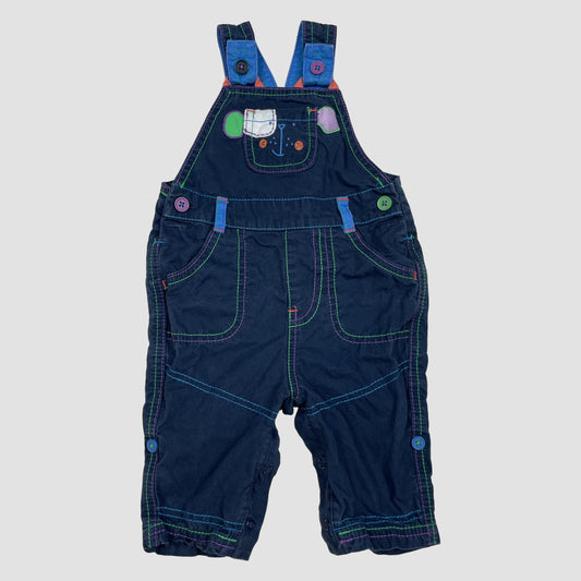 Dunkelblauer Baby-Latzoverall mit bunten Kontrastnähten und Tiermotiv, Größe 3–6 Monate – front