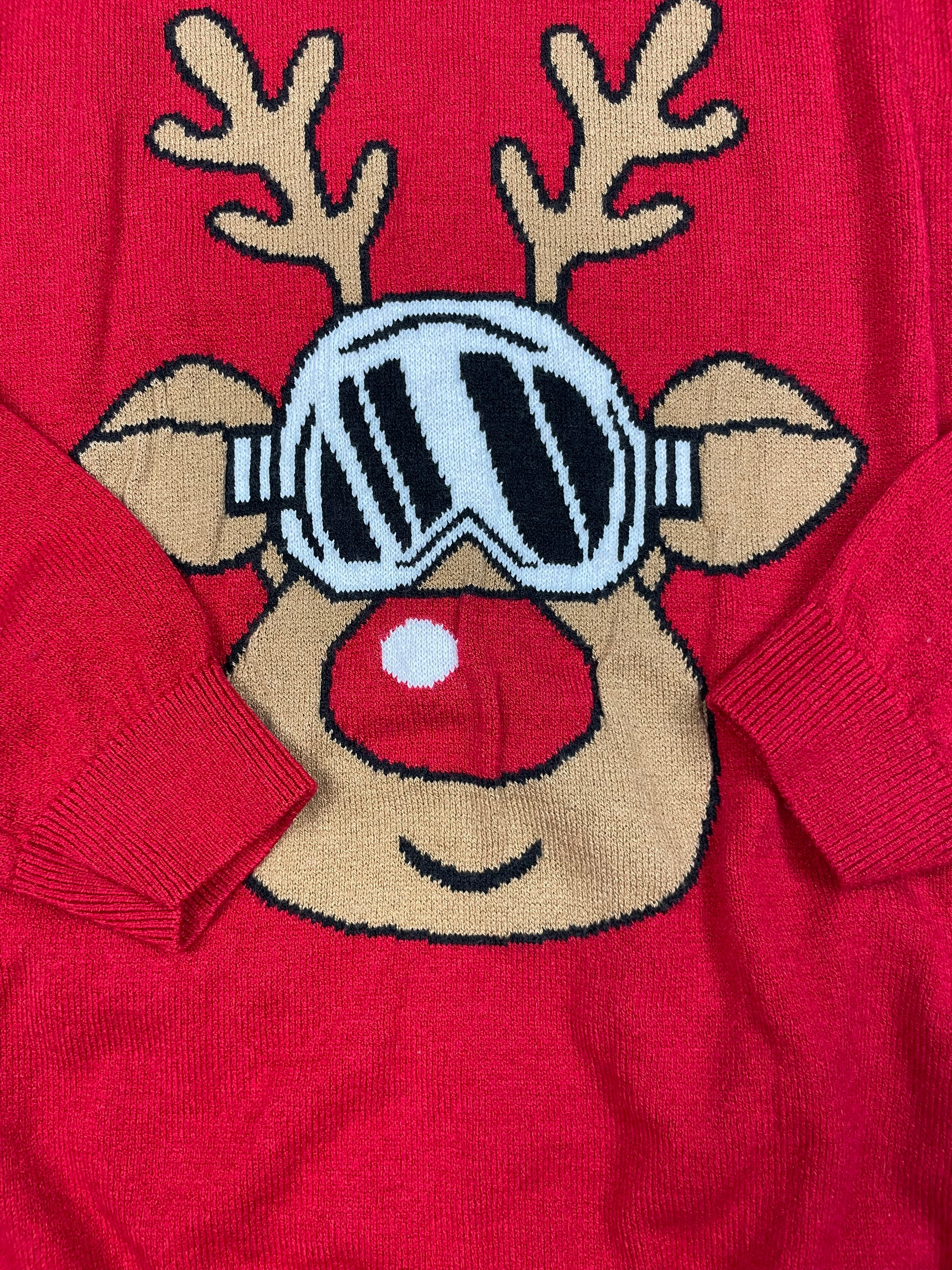 Roter Kinderpullover mit Rentiermotiv und Ski-Brille, Größe 9–10 Jahre (140) – detail
