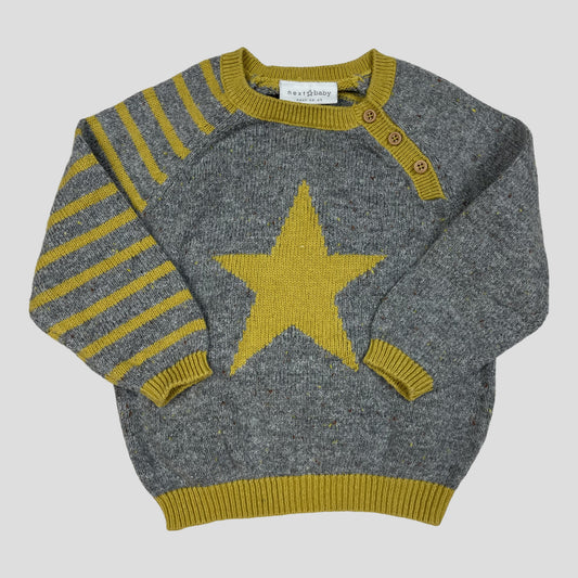 Grauer Baby-Strickpullover mit gelbem Stern und Streifen, Größe 6–9 Monate – front