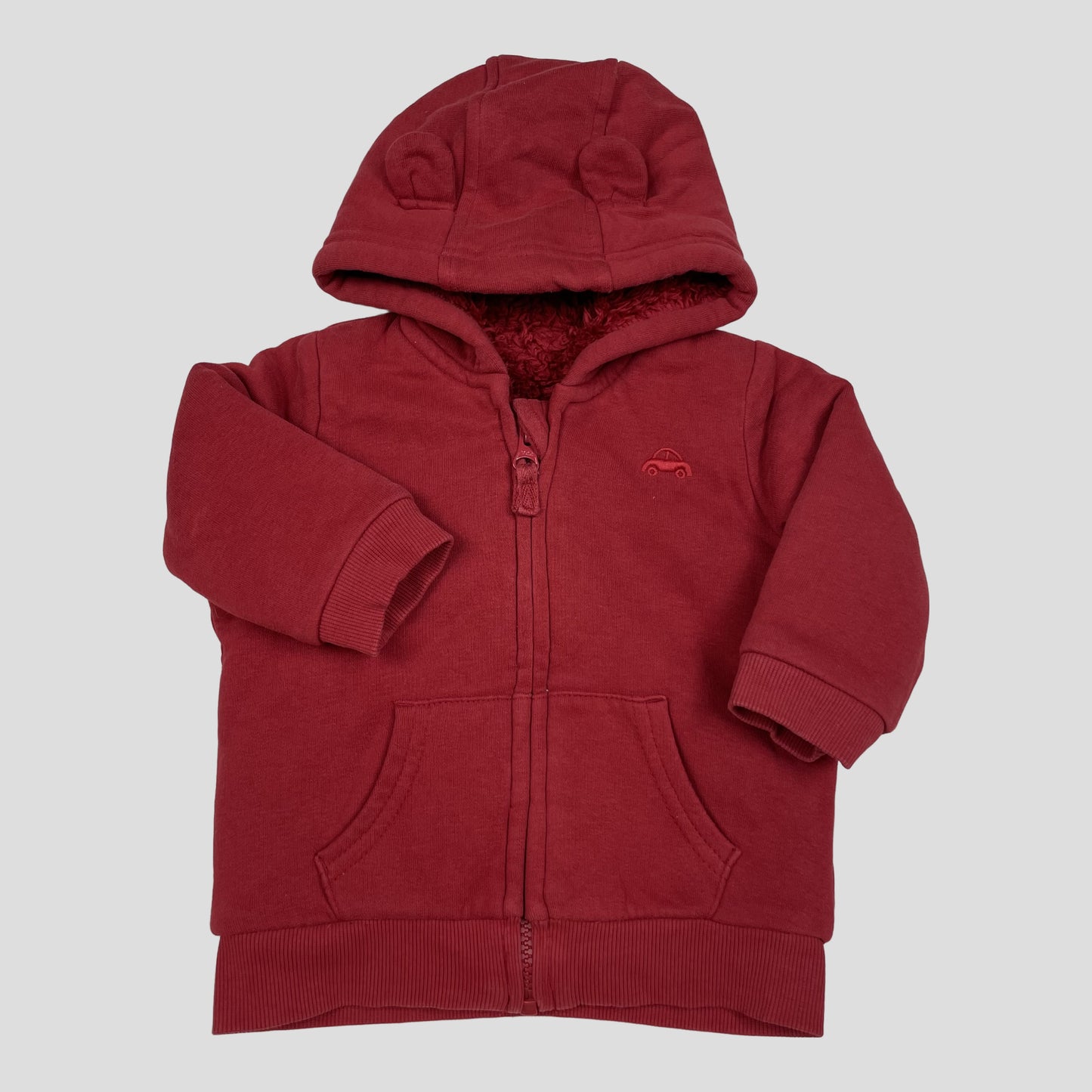 Rote Baby-Sweatjacke mit Kapuze, Teddyfutter und Öhrchen, Größe 3–6 Monate – front