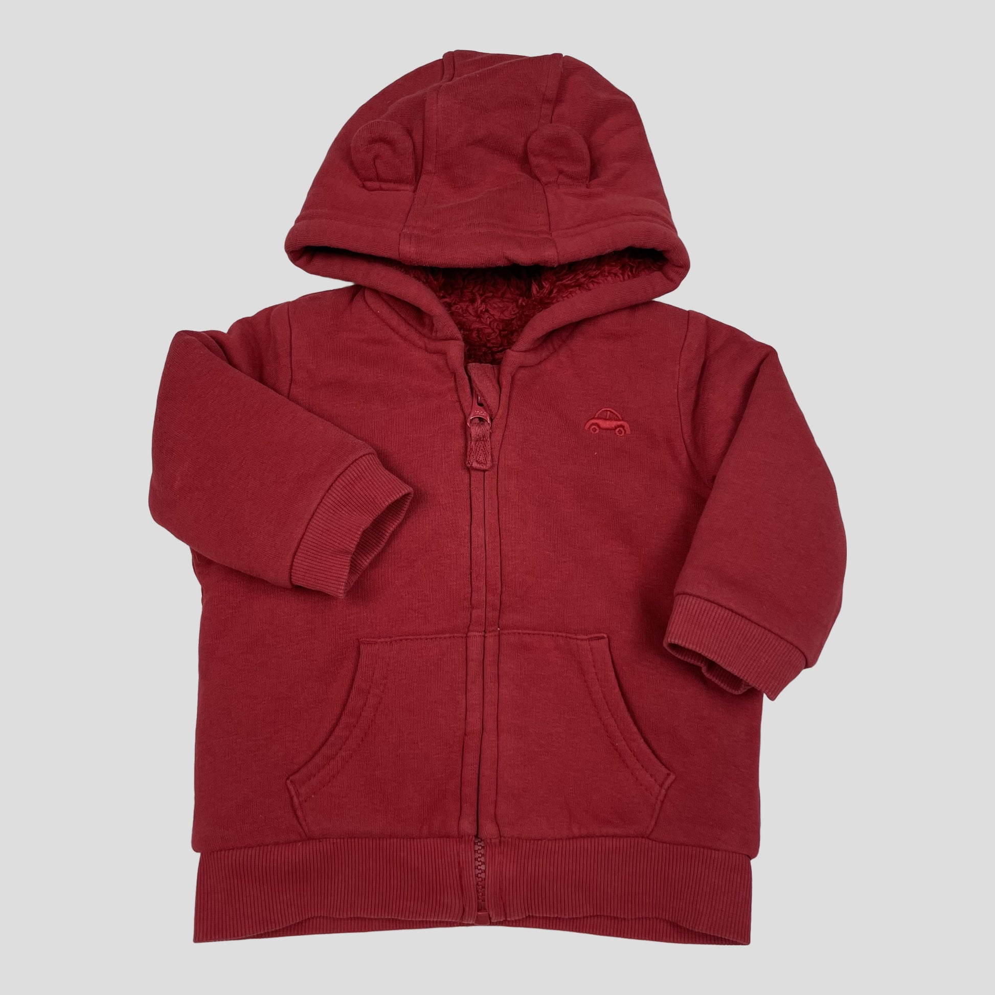 Rote Baby-Sweatjacke mit Kapuze, Teddyfutter und Öhrchen, Größe 3–6 Monate – front