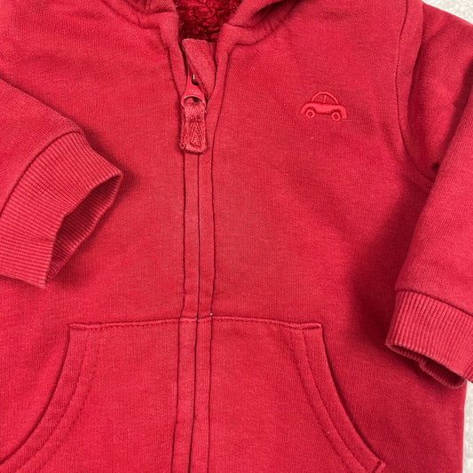 Rote Baby-Sweatjacke mit Kapuze, Teddyfutter und Öhrchen, Größe 3–6 Monate – detail