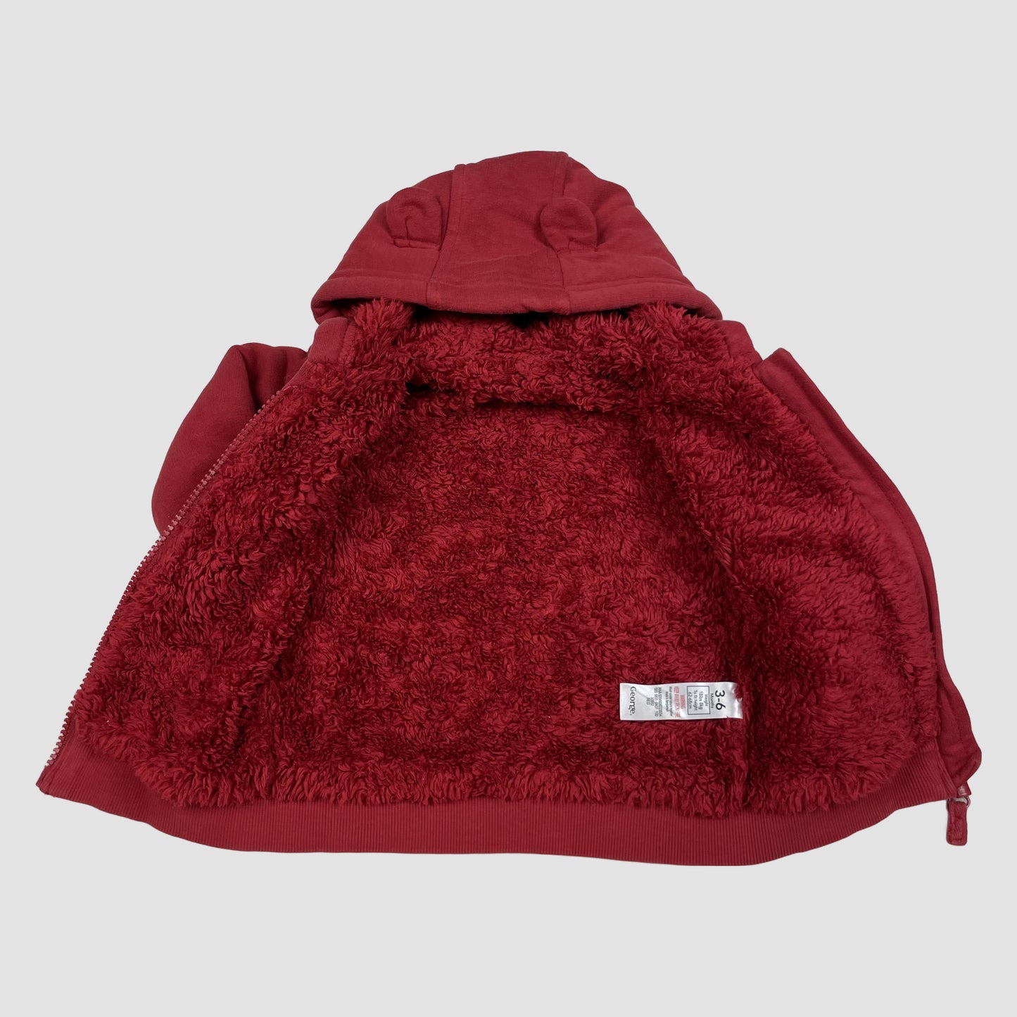 Rote Baby-Sweatjacke mit Kapuze, Teddyfutter und Öhrchen, Größe 3–6 Monate – inside
