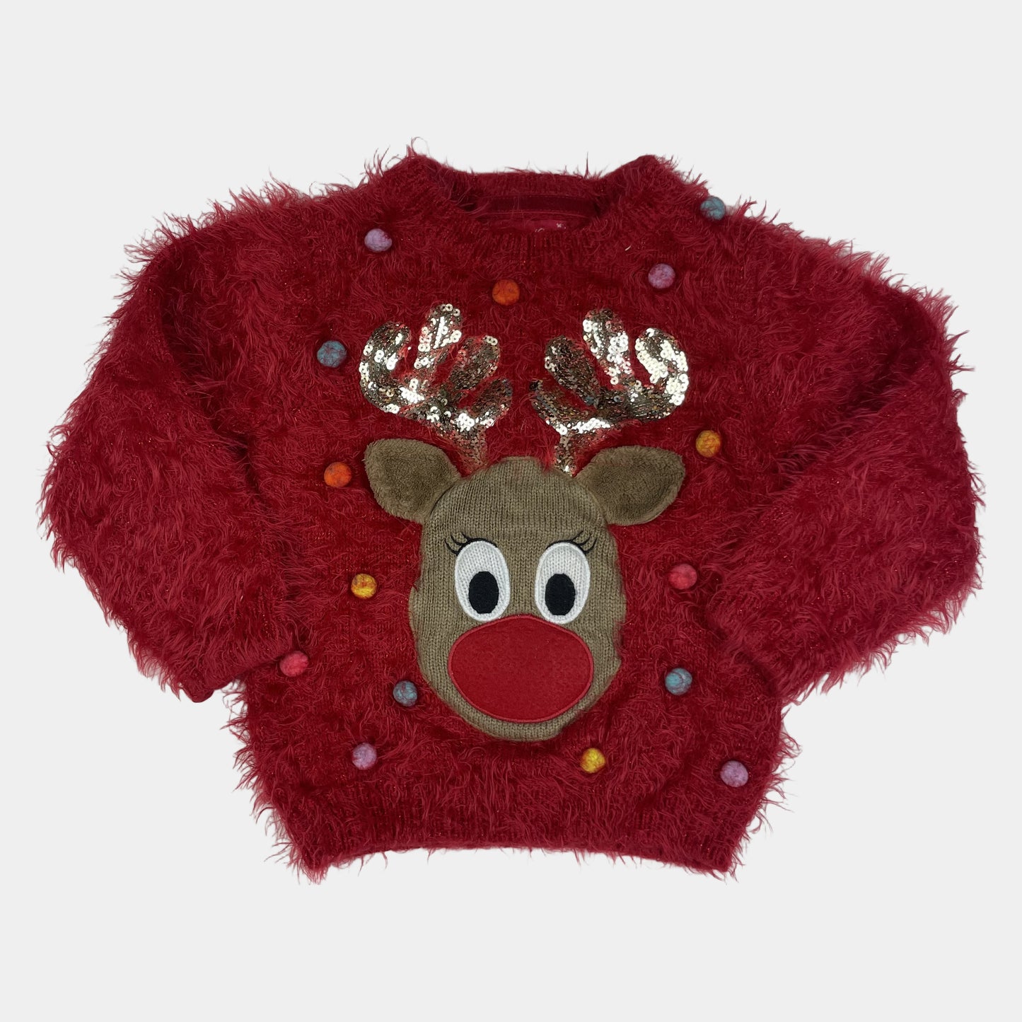 Roter flauschiger Kinderpullover mit Rentier-Applikation und Pailletten-Geweih, Größe 3–4 Jahre – front