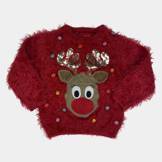 Roter flauschiger Kinderpullover mit Rentier-Applikation und Pailletten-Geweih, Größe 3–4 Jahre – front
