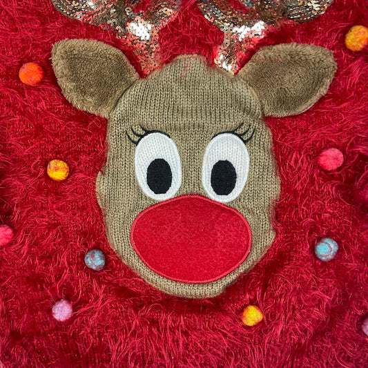 Roter flauschiger Kinderpullover mit Rentier-Applikation und Pailletten-Geweih, Größe 3–4 Jahre – detail