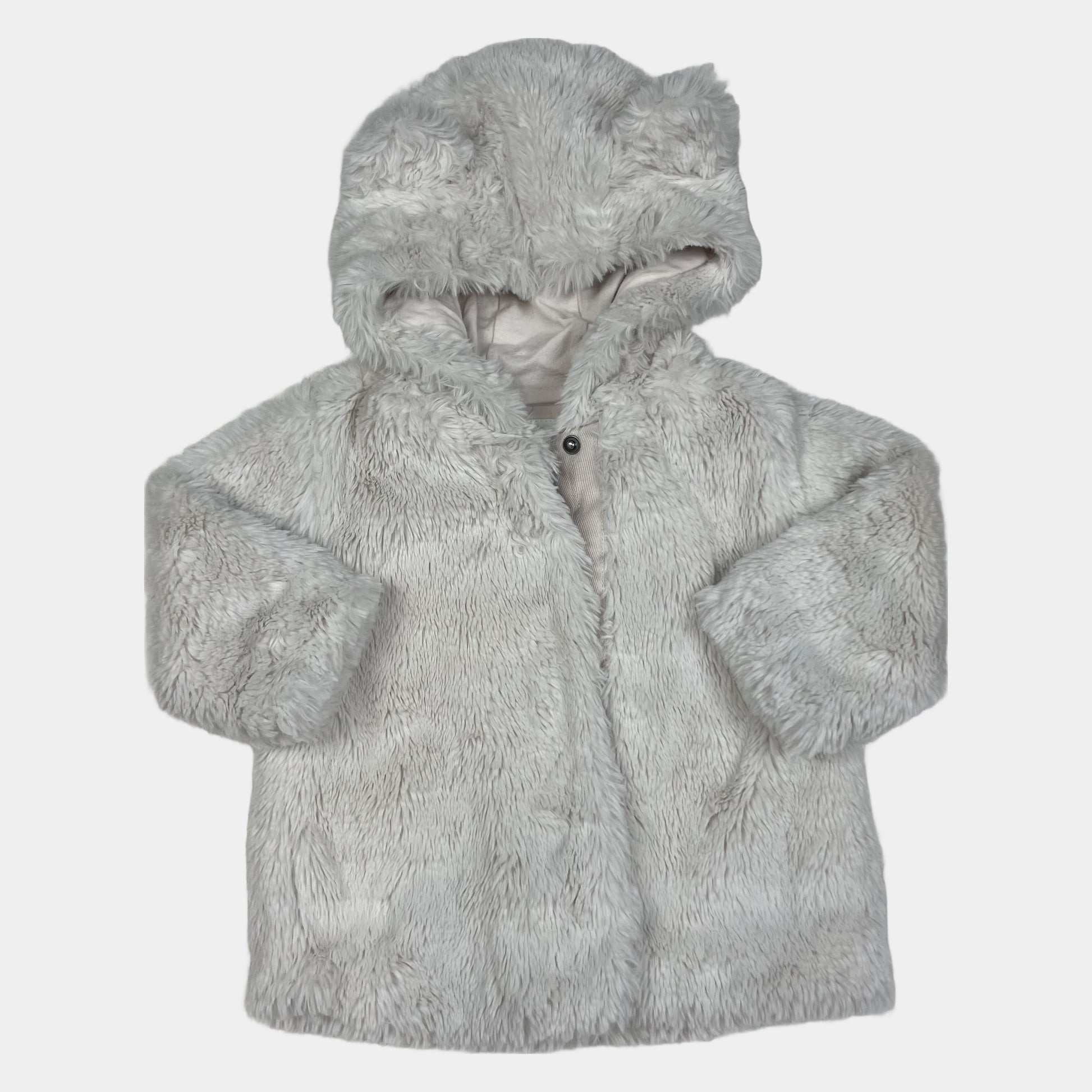 Hellgraue Kunstfell-Babyjacke mit Kapuze und Ohren, Größe 9–12 Monate – front