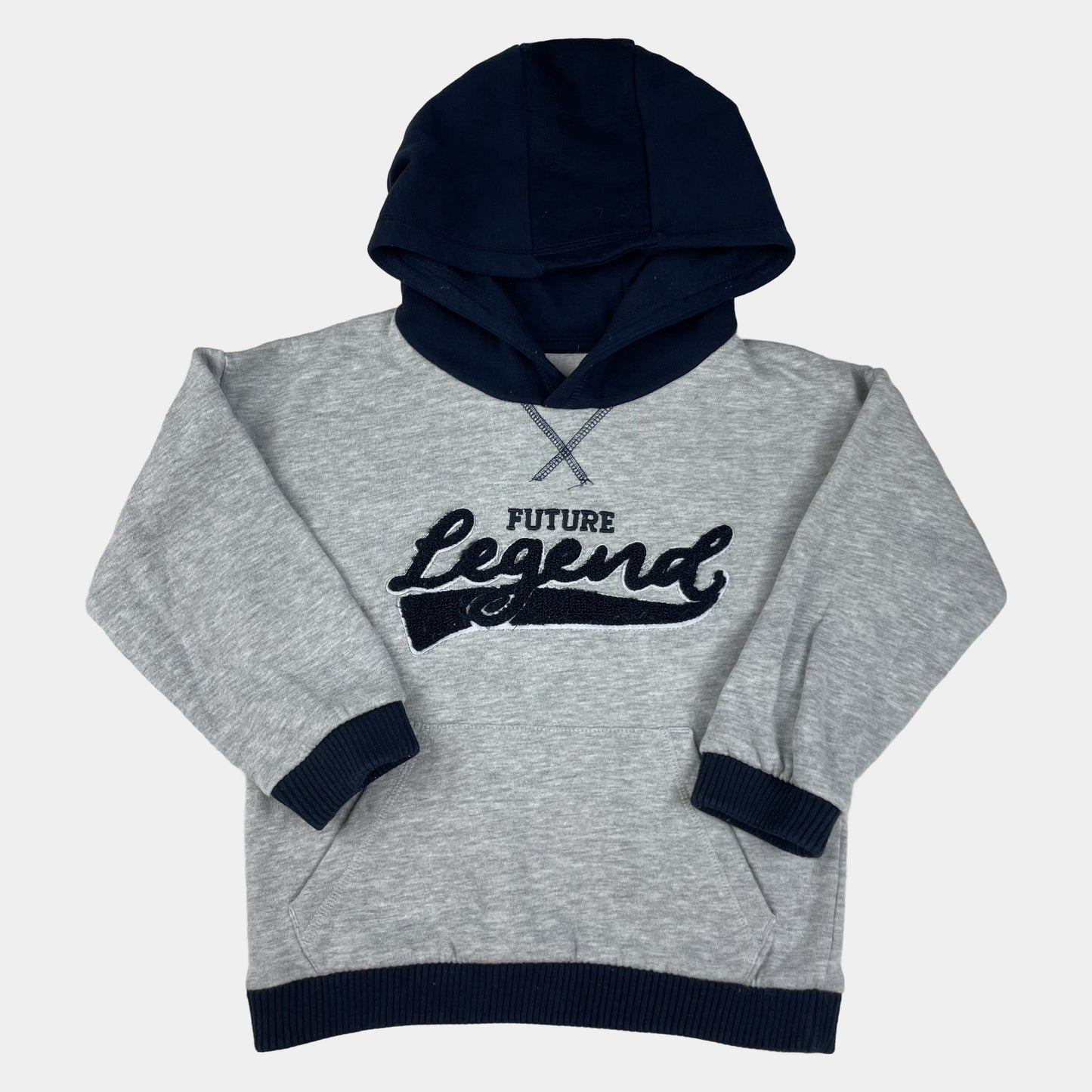 Graues Kinder-Kapuzen-Sweatshirt mit dunkelblauer Kapuze und „Future Legend“-Schriftzug, Größe 4–5 Jahre. – front
