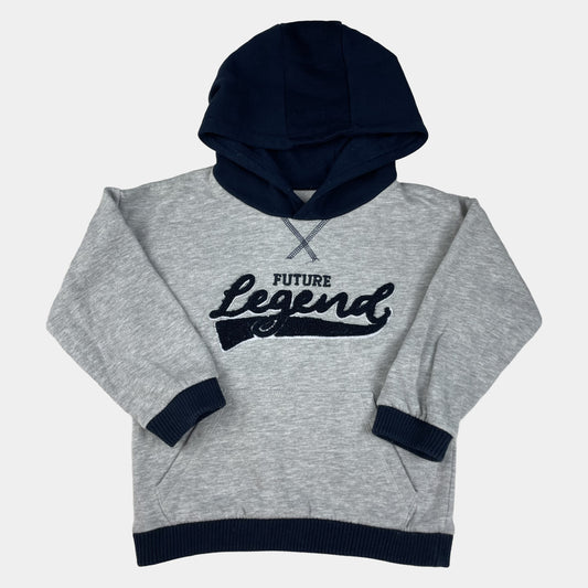 Graues Kinder-Kapuzen-Sweatshirt mit dunkelblauer Kapuze und „Future Legend“-Schriftzug, Größe 4–5 Jahre. – front
