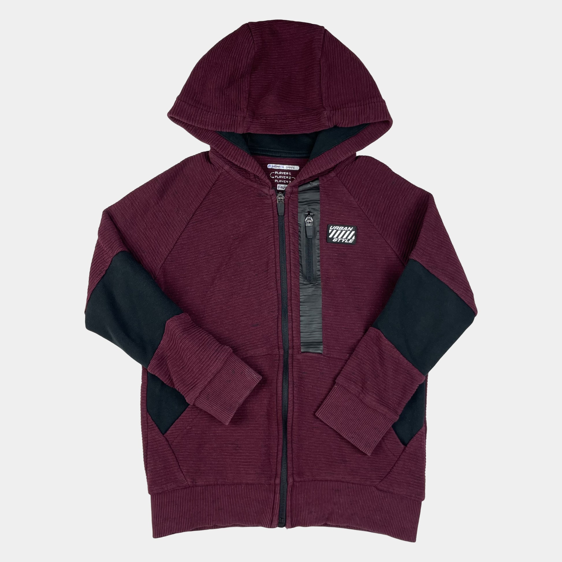 Bordeauxfarbene Kinder-Kapuzen-Sweatjacke mit Reißverschluss und schwarzen Einsätzen, Größe 122, von F&F – front