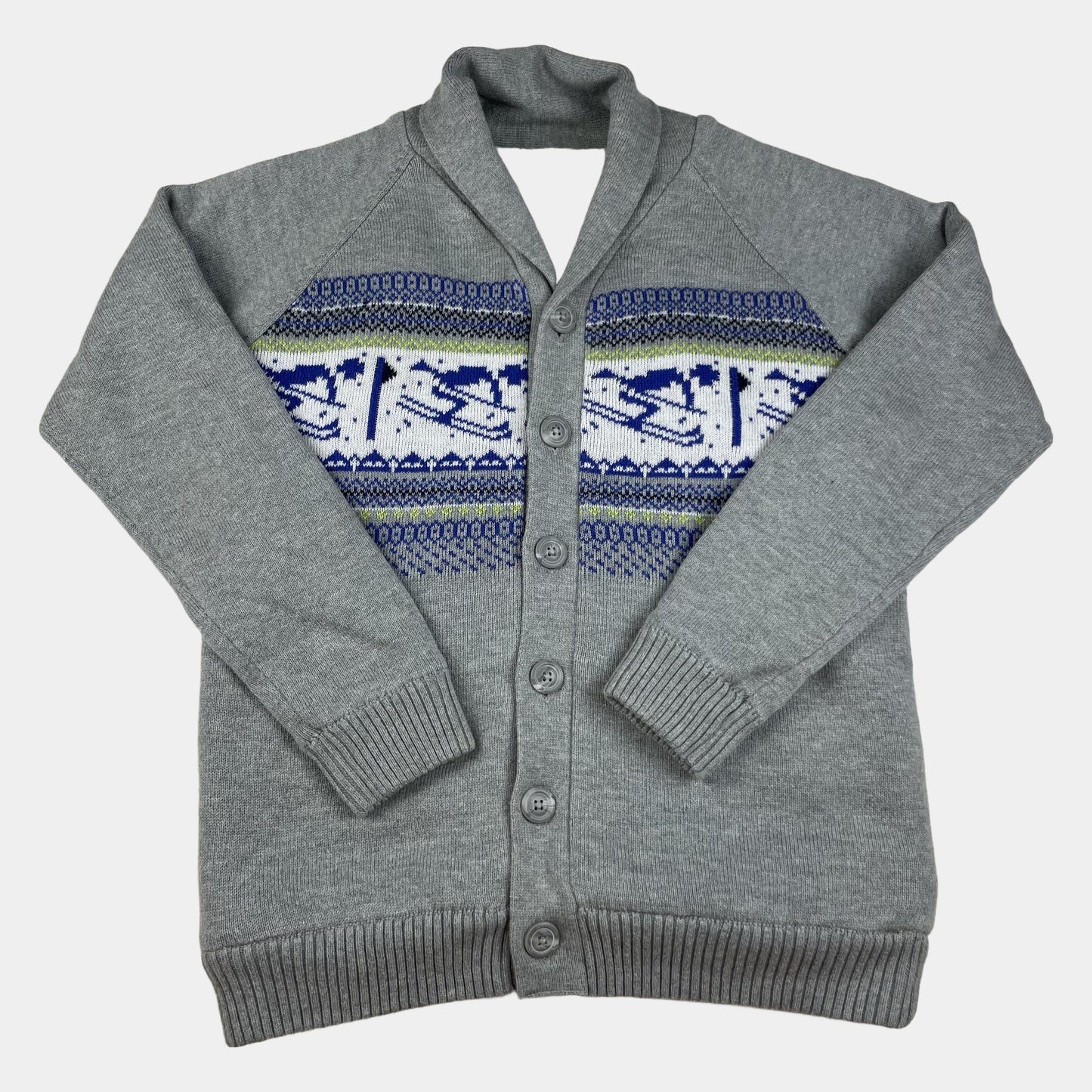 Graue Kinder-Strickjacke mit Jacquardmuster und Fleecefutter, Größe 152 (11–12 Jahre) – front