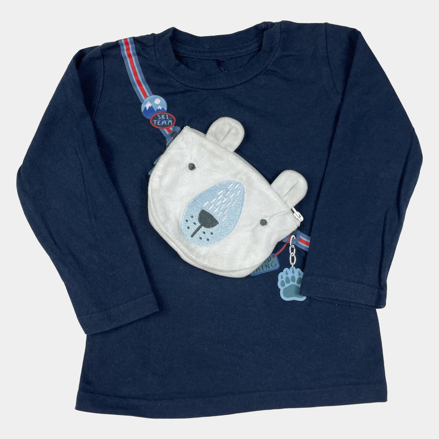 Dunkelblaues Langarmshirt mit applizierter Bären-Tasche und Ski-Details – front