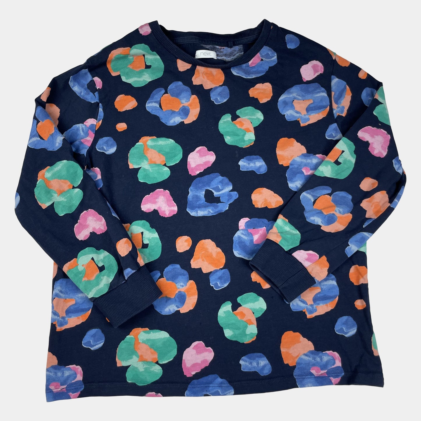 Langarmshirt, dunkelblau mit buntem Fleckenmuster, Größe 140 (10 Jahre) – front